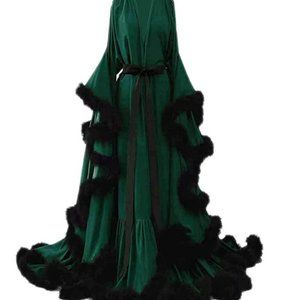 Gorgeous Feathered Nightgown/Robe, Emerald Green Satin w/ Black Feather Trim